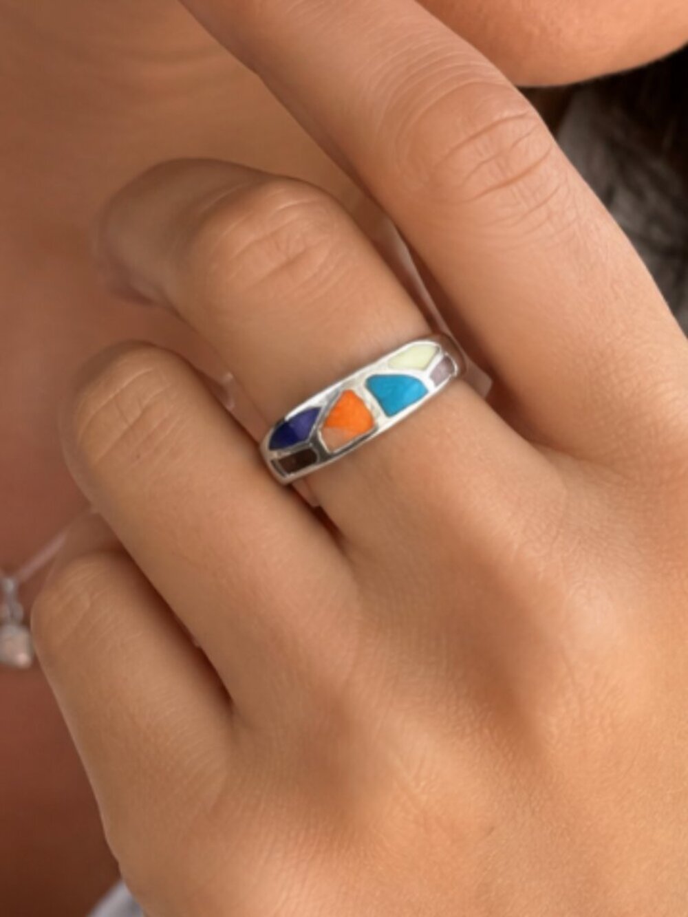 Sterling silver inlay multi-stone ring